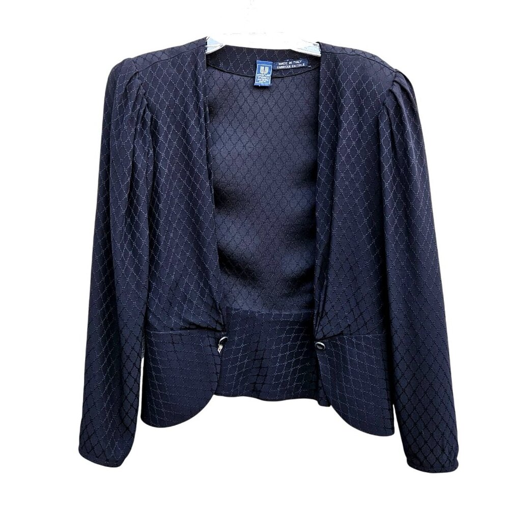 1980s Emanuel Ungaro Parelle Paris Black Silk Jacquard Peplum Jacket w/ Big Shou